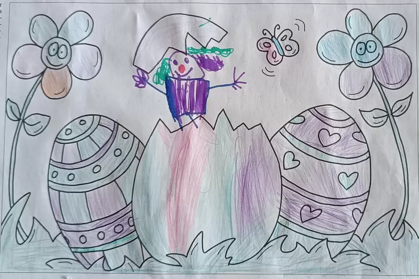 Dieses Bild wurde gemalt von Mia Fiona Neuhof, Rockenhausen, 5 Jahre alt. Aus dem Ei schlüpft ein lustiger Clown.