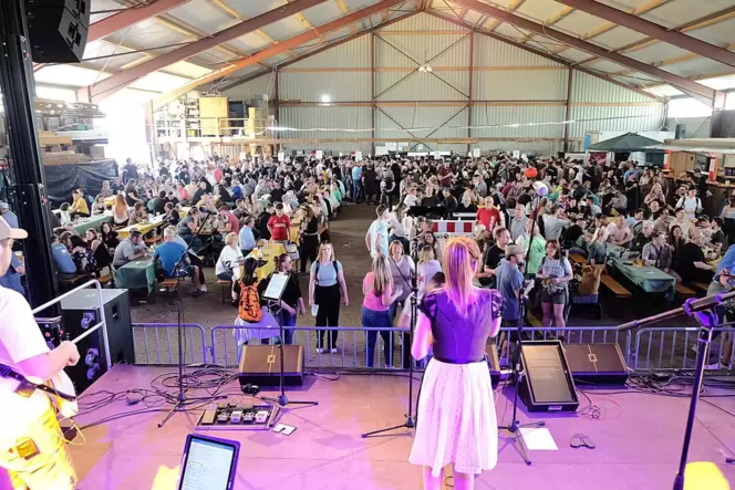 Die Band Franken X-Press unterhält das Publikum beim Scheunenfest in Dellfeld.