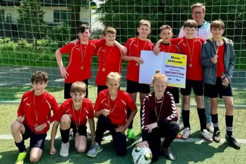 Stolz auf Platz drei: die Fußballer des Helmholtz-Gymnasiums im Schulsportwettbewerb „Jugend trainiert für Olympia“. Es spielten